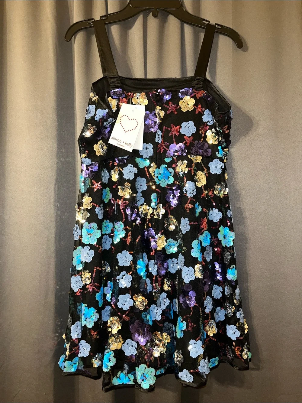 Girls Black Sequin Floral Party Dress with Blue & Purple Flowers